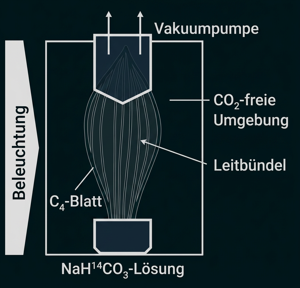 Versuchsaufbau zur Untersuchung der CO₂-Aufnahme eines C₄-Blatts mit Vakuumpumpe und NaH¹⁴CO₃-Lösung.
